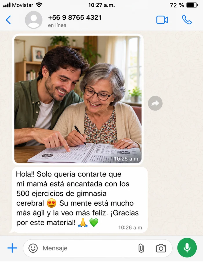 Mensaje de WhatsApp de un hijo: su mamá está encantada con los 500 ejercicios, tiene la mente más ágil y se la ve más feliz.