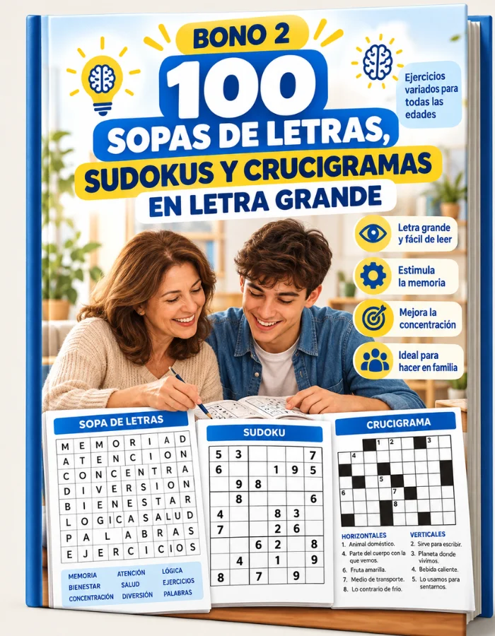 Mockup del libro del bono 2: 100 sopas de letras, sudokus y crucigramas en letra grande