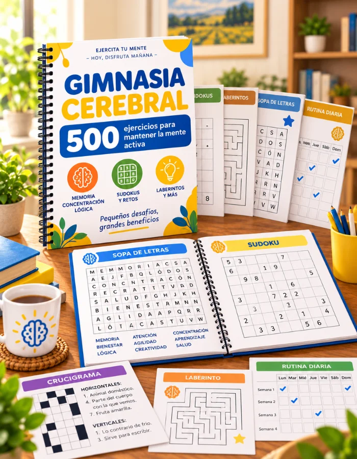 Cuaderno de Gimnasia Cerebral con 500 ejercicios y sus fichas de sopas de letras, sudoku, crucigrama, laberinto y rutina diaria, sobre una mesa de madera junto a una taza de café