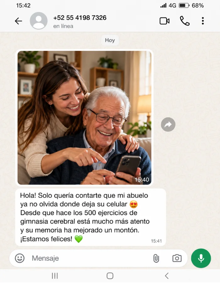Mensaje de WhatsApp de una nieta: su abuelo ya no olvida dónde deja su celular y está mucho más atento desde que hace los 500 ejercicios.